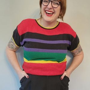 80s Liz Claiborne Cotton Rainbow Stripe Knit Top